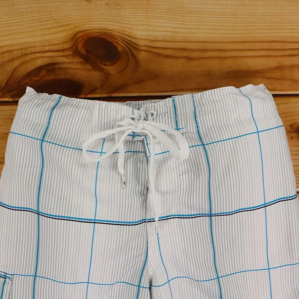 OP‎ Ocean Pacific Swim Trunks Mens M White Gray Stripes Checks Drawstring Pocket